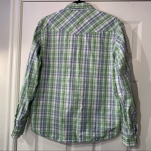 Fossil Brand men's long sleeve button down casual shirt Green Blue White Plaid L - Picture 2 of 10